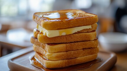 Poster - A close-up of honey toast stacked high, with layers of butter and syrup, showcasing the golden texture and mouthwatering aroma that invites indulgence.