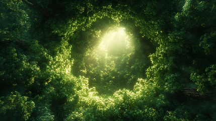 Aerial top view of green trees in a dense forest with sunlight filtering through representing carbon neutrality net zero emissions sustainability and the balance of nature emphasizing environmental ha