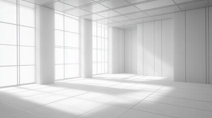 Leinwandbilder - A glowing, futuristic white room with a high-tech grid pattern stretching across walls and floor, ideal for sci-fi banners.