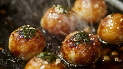 Poster - A close-up view of freshly cooked takoyaki sizzling in a hot pan, showcasing the crispy exterior and gooey octopus filling, with a sprinkle of seaweed flakes.