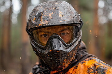 Close-Up of Paintball Players in Action, Wearing Protective Masks and Gear, Generative AI art