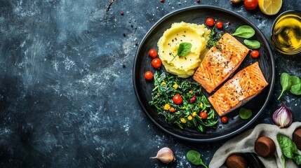 Poster - A colorful display of grilled salmon served with a side of garlic mashed potatoes and sauted spinach, highlighting a delicious and balanced dinner option.