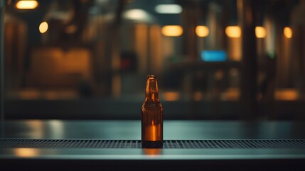 Poster - A single glass bottle fills with golden beer on a brewery conveyor, showcasing the brewing process as machinery operates in the background