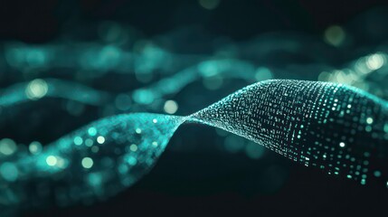 Poster - Abstract teal digital wave particles flowing on dark background.