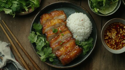 Poster - A cozy setting featuring a serving of pork belly with fish sauce, garnished with fresh herbs and accompanied by a side of sticky rice, inviting a satisfying dining experience.