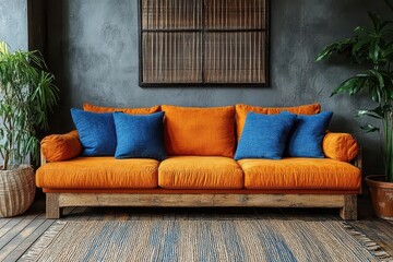 Wall Mural - japandistyle living room interior featuring vibrant orange sofa with blue accent pillows against clean minimalist wall with natural materials