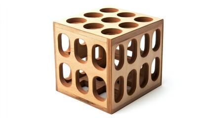 Poster - Wooden cube with cut-out holes, isolated on white background.