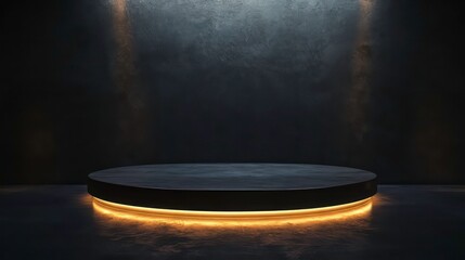 Poster - Dark circular platform with warm light, spotlight on textured wall background.