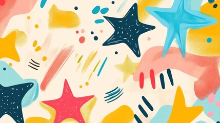 Poster - Colorful abstract background with stars, shapes, and brush strokes.