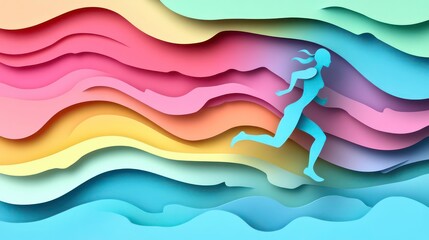 Poster - Woman runner silhouette against vibrant layered paper wave background.