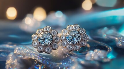 Poster - A detailed shot of a pair of diamond earrings with a unique design, captured with a macro lens to emphasize the cut and sparkle of each stone.