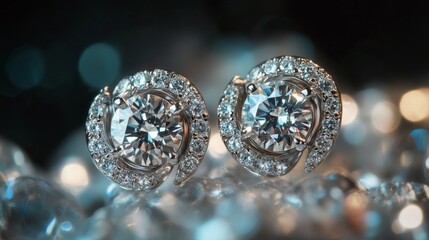 Poster - A detailed shot of a pair of diamond earrings with a unique design, captured with a macro lens to emphasize the cut and sparkle of each stone.