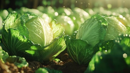 Wall Mural - Fresh Green Cabbages in a Field of Lush Greens