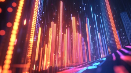 Poster - A digital D bar chart projected on a virtual screen, with tall, glowing bars reaching upward, symbolizing market growth and success in the financial sector.