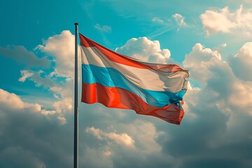 Flag of Russia waving in the wind against a blue sky with clouds