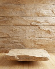 Poster - Interactive product display on natural stone platform minimalist interior calm environment eye-level view