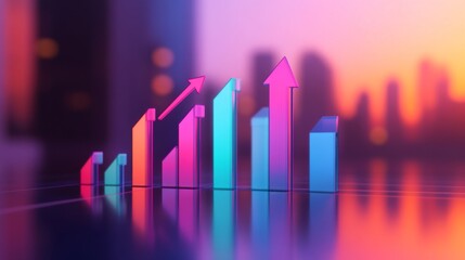 Poster - A dynamic D bar graph with arrows pointing upward, set against a gradient background, symbolizing data trends, economic growth, and financial success.