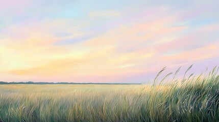 Wall Mural - tranquil scene of an open field with tall grass swaying in the wind under a pastel sky