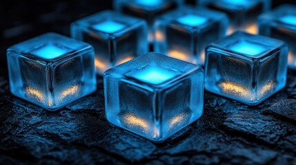 Sticker - Glowing blue ice cubes on dark stone.