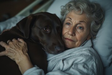 Wall Mural - an older woman in bed with her dog