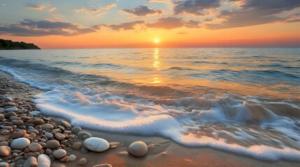 Wall Mural - warm coastal sunset scene with soft waves gently washing over smooth beach stones