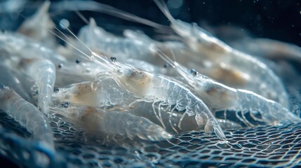 Poster - Close-up of translucent white shrimp in a net.