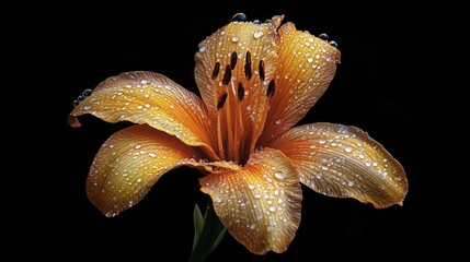 Poster - A flower with dew drops on its petals against a dark background, with the droplets reflecting light and adding a sense of depth and richness to the image.