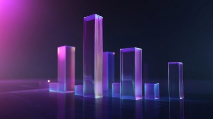 Fototapete - A futuristic D bar graph floating in space, with transparent bars of different heights, set against a dark background, symbolizing high-tech data visualization.