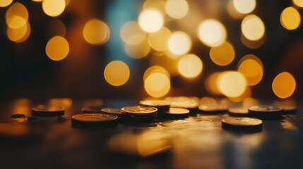 Fototapete - Scattered coins on dark surface with bokeh lights.