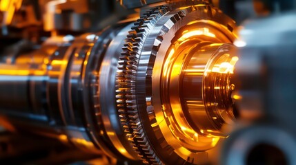 Poster - Close-up of intricate metallic gears and shafts, glowing orange.