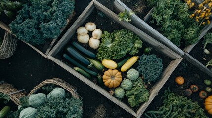 Poster - A high-angle view of a raised garden bed filled with various vegetables, such as zucchini, beans, and kale, showcasing an organized and bountiful kitchen garden.