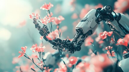 Poster - white robotic arm delicately interacting with vibrant pink flowers in a sunlit garden, highlighting 