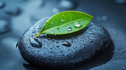 Poster - A high-resolution image of a dewy leaf resting on a smooth stone, with droplets of water adding a fresh and natural touch to the composition.