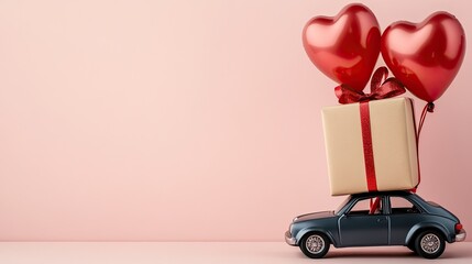 Miniature blue retro car carries a gift box topped with heart-shaped balloons, perfect for celebrating love on a pastel pink background