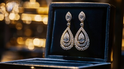 Poster - A high-resolution image of a pair of sophisticated diamond drop earrings hanging from a luxurious velvet jewelry box, with a focus on their intricate design.
