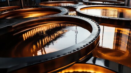 Poster - Close-up of circular tanks filled with amber liquid, reflecting light.