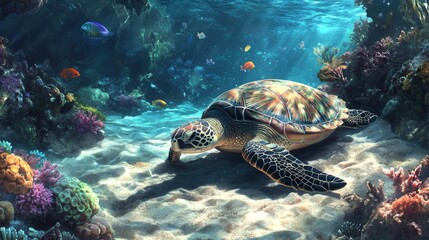 Poster - A high-resolution image of a sea turtle resting on a sandy coral reef, with colorful fish swimming nearby and the underwater ecosystem in full view.