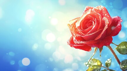 Poster - A high-resolution image of a single blooming rose with tiny water droplets on its petals, creating a fresh and elegant look against a soft focus backdrop.