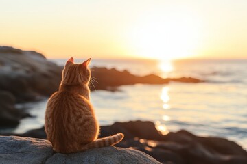Poster - A majestic orange cat sits on a rock, gazing at the vibrant sunset reflecting over the calm sea, creating a peaceful and warm atmosphere