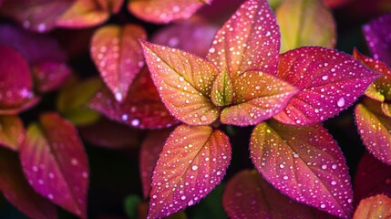 Poster - A macro shot of a cluster of leaves with dew drops on a wet garden bed, emphasizing the freshness and vibrancy of the gardens foliage.