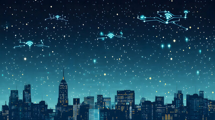 Wall Mural - Futuristic cityscape with AI-driven drones in 3D integrated into a 2D illustrated night sky filled with stars and data symbols