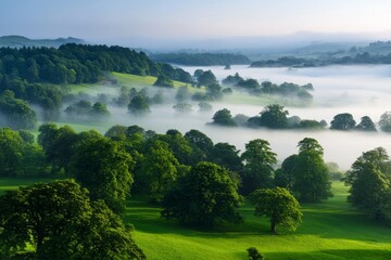 Poster - Morning fog envelops a tranquil forest as dawn breaks, casting soft light over the trees and creating an ethereal glow in the lush landscape