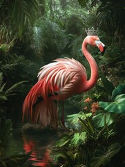 Poster - Flamingo in a tiara and flowing silk dress by a tranquil tropical pond enjoying a mystical moment in nature. Generative AI