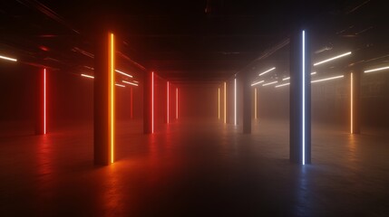 Poster - Modern industrial studio features abstract shapes and shadows illuminated by vibrant neon LED lights, creating a captivating and artistic environment