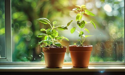 Wall Mural - two potted plants on windowsill in sunlight
