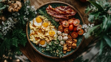 Poster - A plate of bacon next to scrambled eggs and freshly sliced tomatoes, creating a hearty breakfast spread on a wooden table.