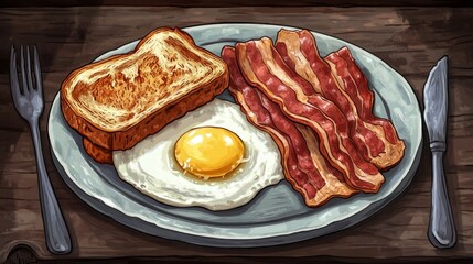 Poster - A plate of crispy bacon next to a slice of buttered toast and a fried egg, creating a hearty breakfast spread on a wooden table.