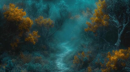 Wall Mural - Enchanted Forest Pathway with Mist and Glowing Orange Foliage