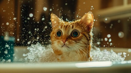 Poster - A playful moment captured as a cat tries to escape from a bathtub, with water splashing around and its wide eyes showing both curiosity and surprise.