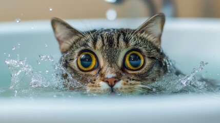 Poster - A playful moment captured as a cat tries to escape from a bathtub, with water splashing around and its wide eyes showing both curiosity and surprise.